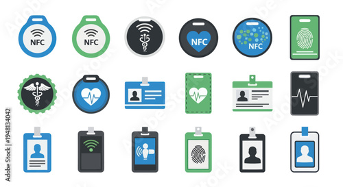 Collection of Various ID Badges and NFC Tags Flat Design.