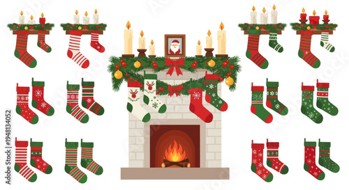 Festive Christmas Fireplace with Decorated Mantel and Assorted Holiday Stockings.