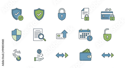 Security and Finance Icons: Shield Lock Document Credit Card Calendar and Money.