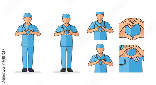 Doctors and nurses in blue scrubs making heart gestures showing care and gratitude.