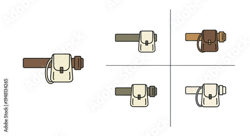 A collection of minimalist vector icons depicting classic canvas belt bags in various styles and colors.