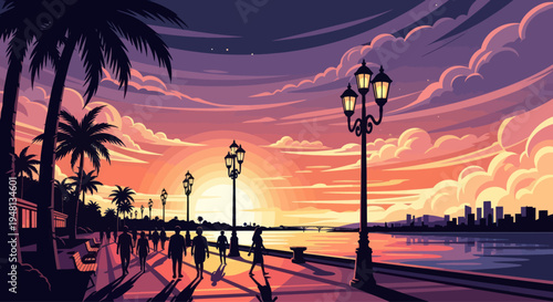 Pixel Art Sunset Walkway with Palm Trees and City Skyline
