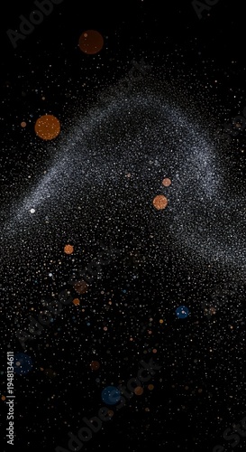 Dark cosmic background with glittering stardust and planetary orbs.