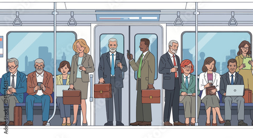 Diverse commuters in city subway train, diverse professionals travel to work