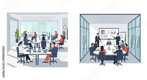 Modern Office and Meeting Room with Diverse Business People Working and Collaborating