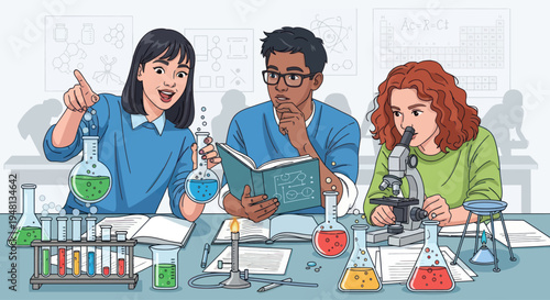 Diverse students conducting science experiment in classroom laboratory, learning chemistry