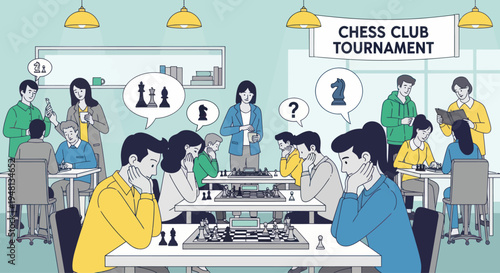 Chess Club Tournament: People playing chess, thinking, strategy, competition, indoor activity