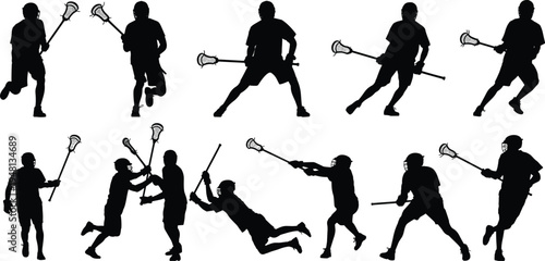 Lacrosse player silhouette set featuring athletic men in action, holding sticks, running, shooting, and competitive team sport movements for tournament graphics.