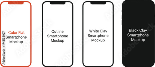 Smartphone mockup collection with color flat outline and clay styles, cad drawing flat vector illustration, mobile phone frame, app display.