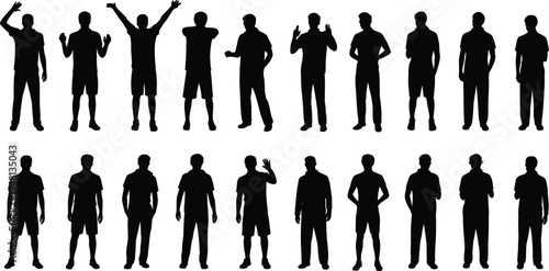 Man silhouette collection featuring various standing poses, expressive gestures, and casual outfits for lifestyle, social interaction, and modern male character icons.