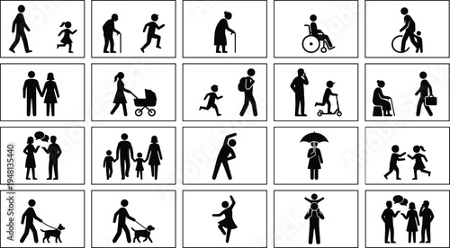 People activity silhouettes collection, family children elderly daily life icons set lifestyle vector illustration