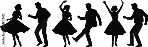 Retro dancing couple silhouettes set, vintage men and women rock and roll dance vector illustration