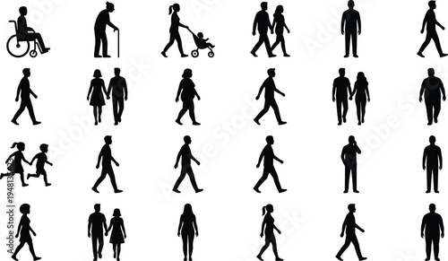 People silhouettes collection set, walking family elderly children wheelchair users daily life activity vector illustration