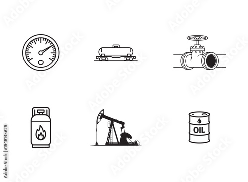Oil and Gas Industry Line Icons Set Petroleum Pipeline Gauge Pumpjack Energy Vector Collection