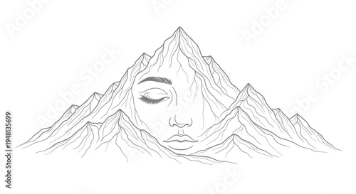 Mountain Face Portrait Line Drawing.