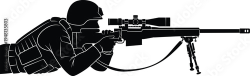 Military sniper silhouette wearing helmet and tactical gear aiming long range rifle with scope and bipod on prone position isolated on white background vector.