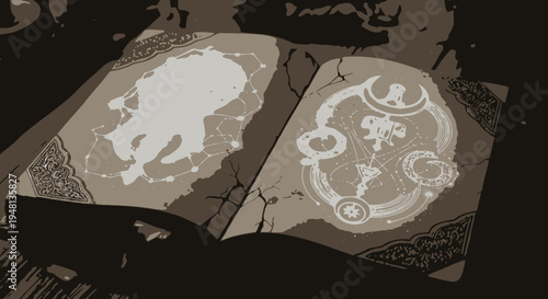 Open book with white designs.