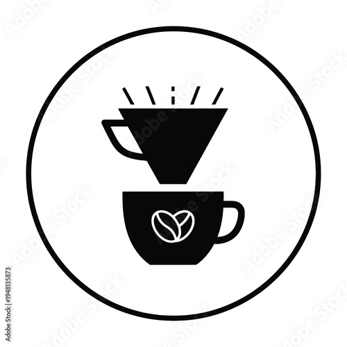 Black and white circular logo featuring a stylized coffee dripper pouring into a mug with decorative steam rising