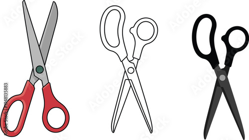 Scissors tool vector set featuring office stationery, school supplies, and craft cutting equipment in color, line art, and silhouette styles for design.