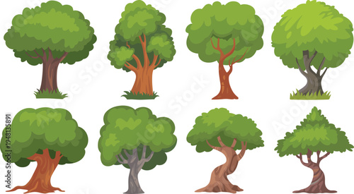 Set of eight cartoon vector green trees with detailed brown trunks and lush foliage isolated on white background for garden landscaping and nature design.