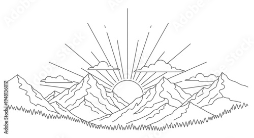 Sunrise over mountain peaks landscape scene.