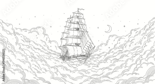Sailing Ship in Rough Ocean Waters.