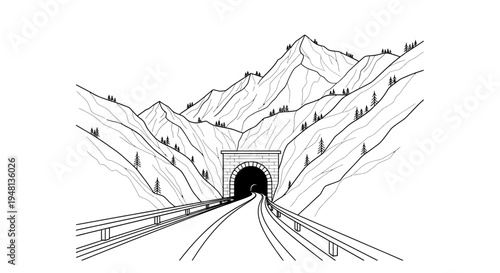 Train tunnel in mountain landscape.