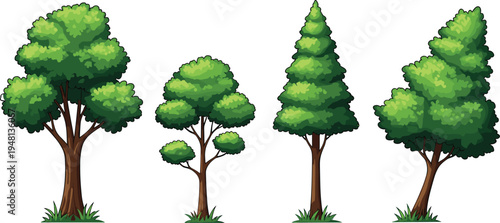 Set of four stylized vector green trees with lush foliage and brown trunks isolated on white background for garden landscaping nature and environment design.