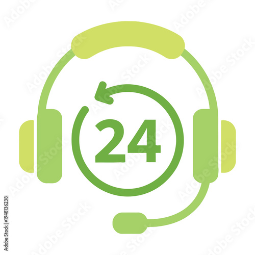 Bright green flat design headphones icon with circular arrow and number twenty four symbolizing continuous support and round the clock availability for customer service or help