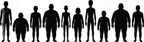 Human body silhouettes collection, diverse male and female body shapes, obesity to slim comparison vector illustration