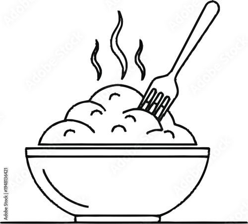 Hot bowl of mashed potatoes with steam rising and fork inserted ready for eating nutritious comfort food side dish art