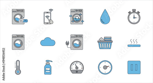 A collection of modern laundry service icons including smart washing machines timers and detergent.
