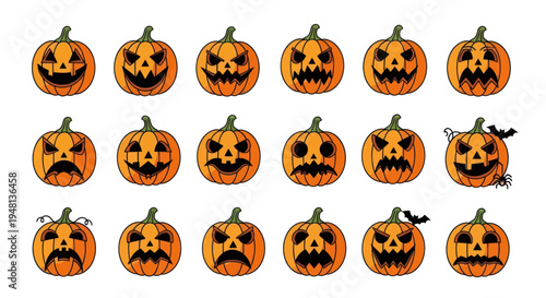Collection of Halloween Jack-o-Lanterns with Various Carved Faces and Expressions.