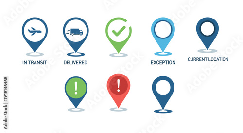 Collection of flat design map pin icons for delivery tracking and location status.