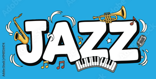 Vibrant Cartoon Jazz Music Graphic with Saxophone Trumpet Piano Notes Vector Illustration