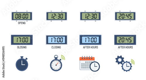 Digital Clocks Displaying Various Times and Icons Isolated.