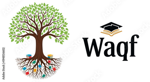 Waqf Logo Featuring a Tree with Roots and Books Symbolizing Growth and Knowledge.
