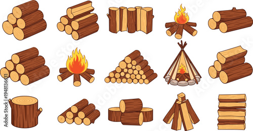 Vector set of various wooden logs firewood stacks and campfires with flames isolated on white background for camping outdoor adventure and fireplace design elements.