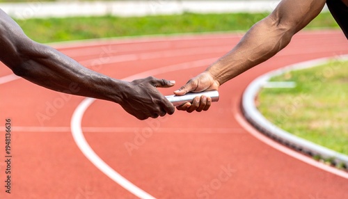A dynamic close-up of two athletes performing a baton handoff during a relay race on a running track. Ideal for themes related to athletics, teamwork, sports training, competition, physical education.