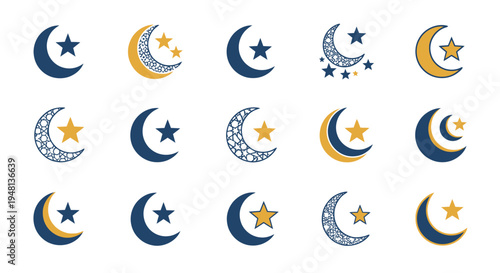 Collection of Crescent Moon and Star Icons in Various Styles.
