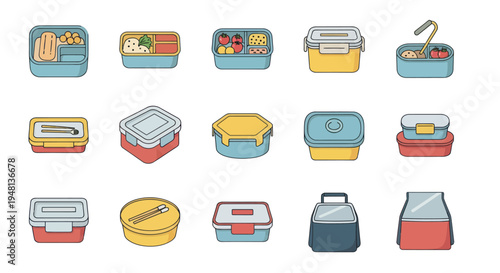 Assorted Colorful Lunch Boxes with Various Designs and Styles.