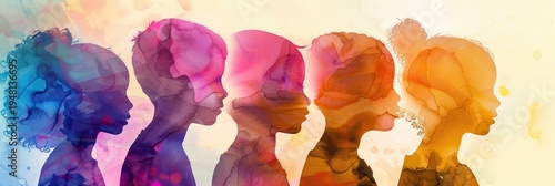Abstract Watercolor world autism awareness day 2026 - silhouettes of diverse children in vibrant spectrum colors. Conceptual illustration of neurodiversity, autism awareness