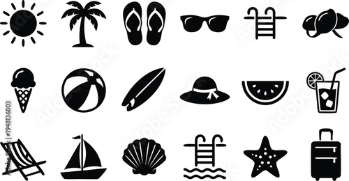 summer beach holiday icon set. vacation, tropical travel, swimming pool. vector illustration