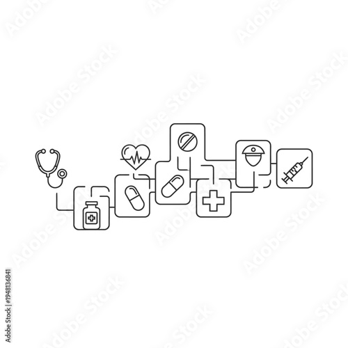 Line art illustration of interconnected medical and healthcare icons representing a network of health services and pharmaceutical elements.