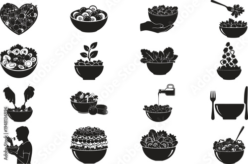 Healthy Food and Plant Silhouette Icon Set – Bowl, Seeds, Leaves and Organic Food Vector Collection
