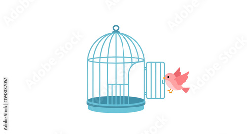 Bird escaping cage vector illustration, freedom concept, flat design, for print, web, or social media.
