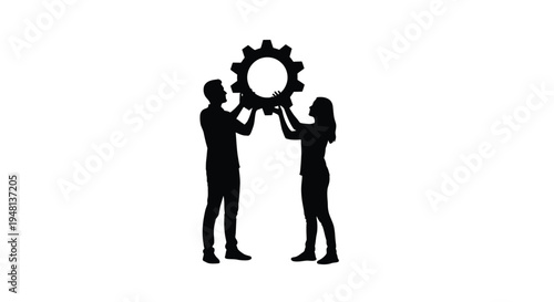 Teamwork and collaboration people lifting a gear silhouette against white