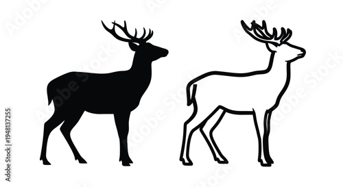 Two stylized deer illustrations one black one white outline