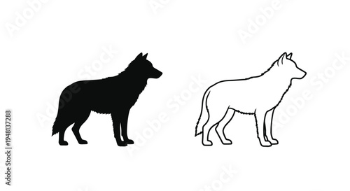 Two wolf depictions a solid silhouette and a white outline version