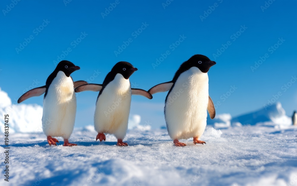 Fototapeta premium Penguins Walking Together on Icy Terrain in Bright Snowy Conditions